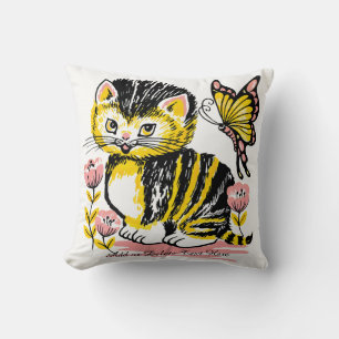 Cute Kitten and Butterfly in Flowers Cushion