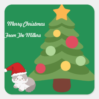 CUTE KITTEN  AND CHRISTMAS TREE STICKER