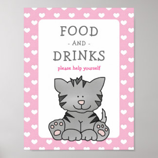 Cute Kitten and Hearts Food and Drinks Baby Shower Poster