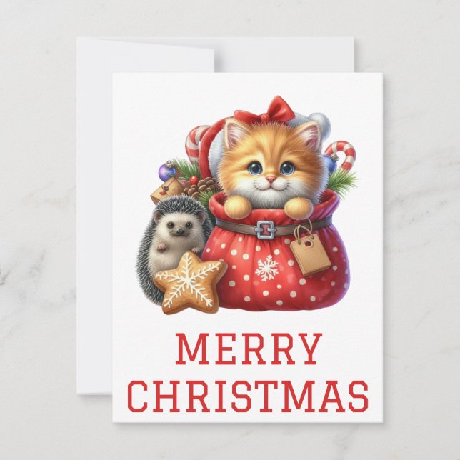 Cute Kitten and Hedgehog Christmas Card (Front)