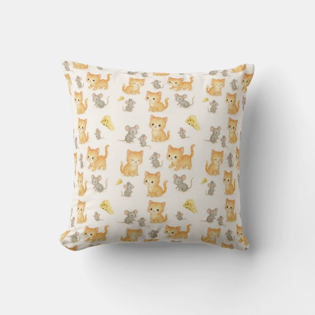 Cute Kitten and Mouse Seamless Pattern Cushion (Front)