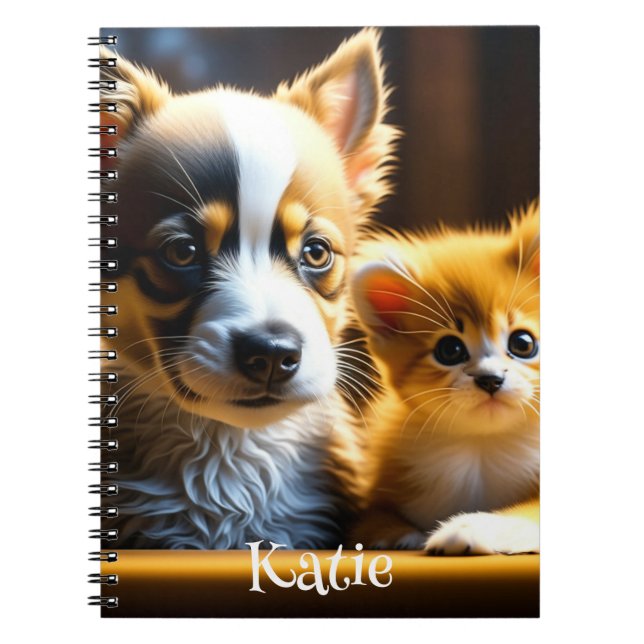 Cute Kitten and Puppy Personalised Notebook (Front)