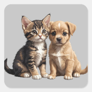 Cute kitten and puppy square sticker