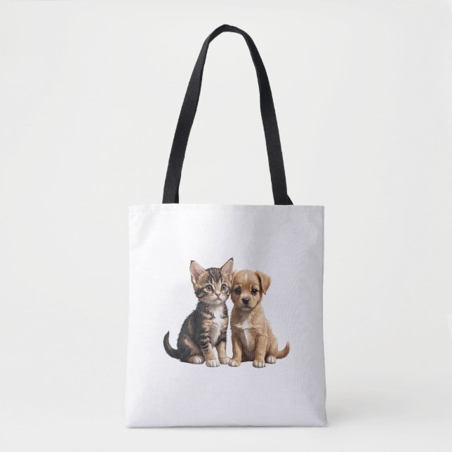 Cute kitten and puppy tote bag (Front)
