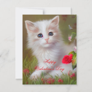 Cute kitten and roses kids valentine holiday card