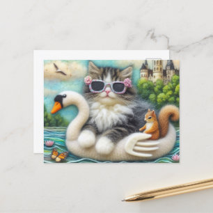 Cute Kitten and Squirrel Woollen Swan Boat Postcard