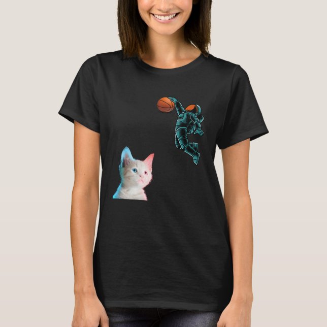 Cute Kitten Astronaut Playing Basketball For Cat T-Shirt (Front)