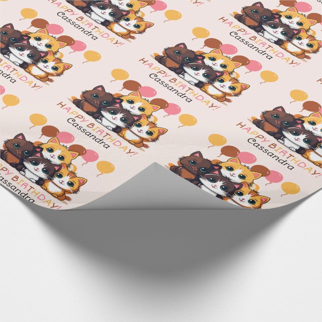 Cute Kitten Balloon Name Kids Birthday Wrapping Paper (Corner)