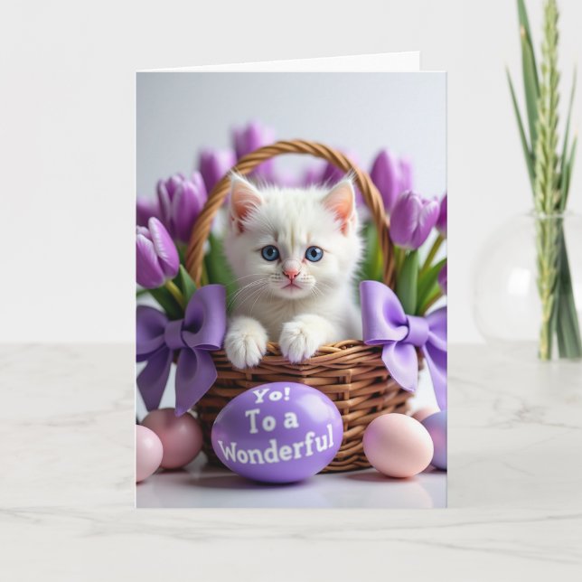 Cute Kitten Basket Springtime Card (Front)