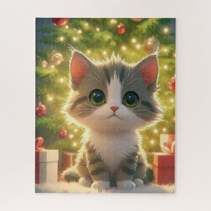 Cute Kitten Beside Christmas Tree Wrapped Gifts Jigsaw Puzzle