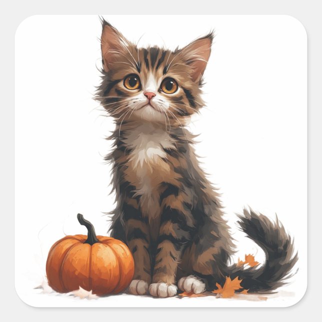 Cute Kitten Beside Pumpkin Halloween 🎃 Square Sticker (Front)