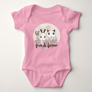 Cute Kitten Bunny Animal Best Friends Pink Girl Baby Bodysuit