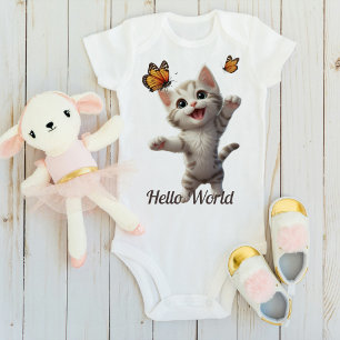 Cute Kitten Butterflies Hello World Baby Bodysuit