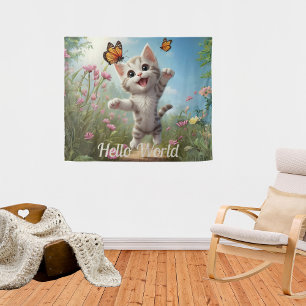 Cute Kitten Butterflies Hello World Tapestry
