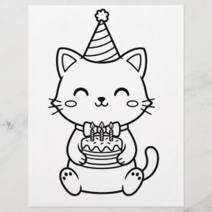 Cute Kitten Cat Birthday Coloring Page   Kawaii