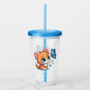 Cute kitten/cat & butterfly  acrylic tumbler