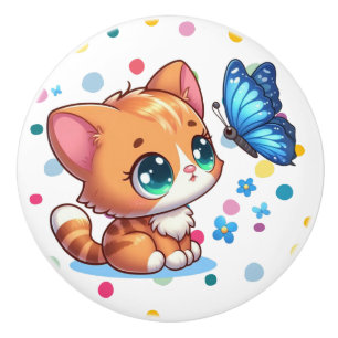 Cute kitten/cat & butterfly ceramic knob