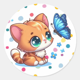 Cute kitten/cat & butterfly  classic round sticker