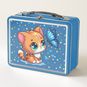 Cute kitten/cat & butterfly metal lunch box