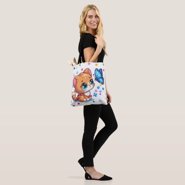 Cute kitten/cat & butterfly  tote bag (On Model)