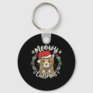 Cute Kitten Cat Christmas Santa Hat Meowy Catmas W Key Ring