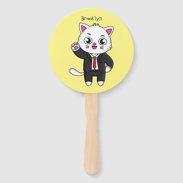 Cute kitten cat in business suit cartoon hand fan (Front)