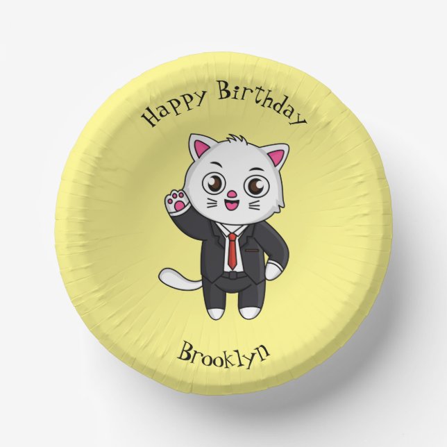 Cute kitten cat in business suit cartoon  paper plate (Front)
