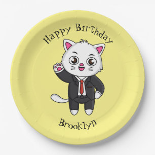 Cute kitten cat in business suit cartoon paper plate