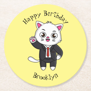 Cute kitten cat in business suit cartoon  round paper coaster