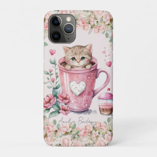 Cute Kitten Cat in Cup Blush Pink Roses Flowers Case-Mate iPhone Case
