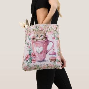 Cute Kitten Cat in Cup Blush Pink Roses Flowers Tote Bag