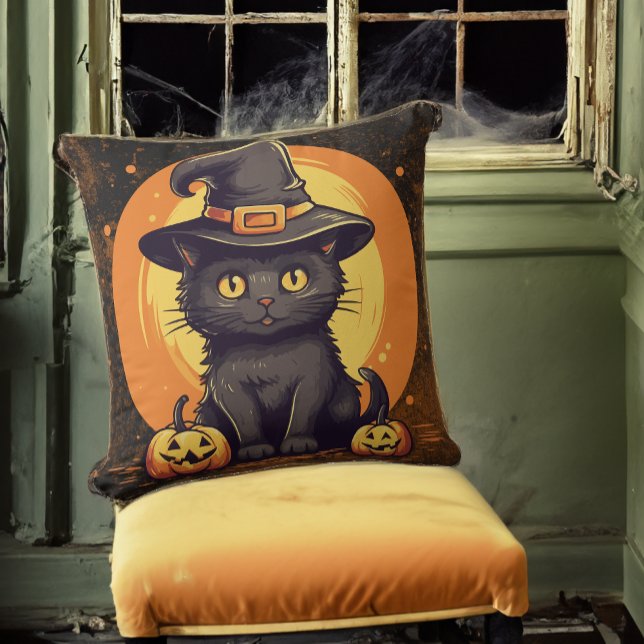 Cute Kitten Cat in Witch Hat for Halloween Cushion (Approximates 20 inch pillow size.)
