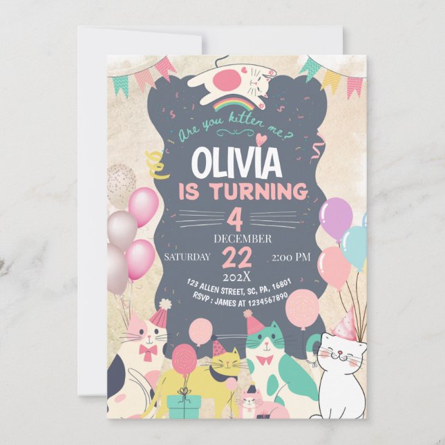 Cute Kitten / Cat Let's Pawty Birthday Party  Invitation (Front)