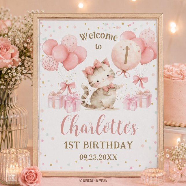 Cute Kitten Cat Pink Balloons 1st 2nd 3rd Birthday Poster (Cute Kitten Cat Pink Balloons 1st 2nd 3rd Birthday Poster)