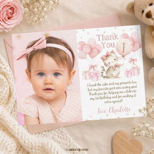 Cute Kitten Cat Pink Balloons 1st 2nd 3rd Birthday Thank You Card