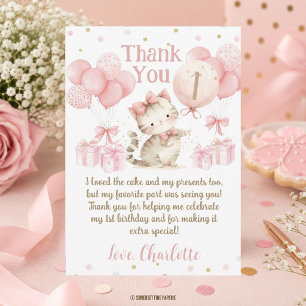 Cute Kitten Cat Pink Balloons 1st 2nd 3rd Birthday Thank You Card