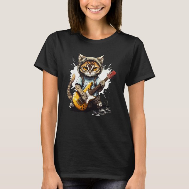 Cute Kitten Cat Playing Guitar  1 T-Shirt (Front)