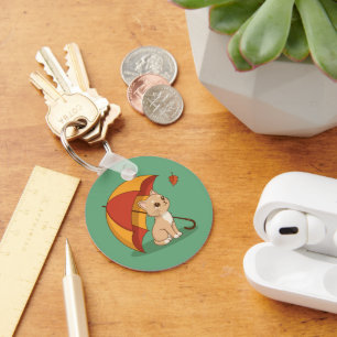 Cute Kitten Cat Red Yellow Umbrella Fall Green Key Ring