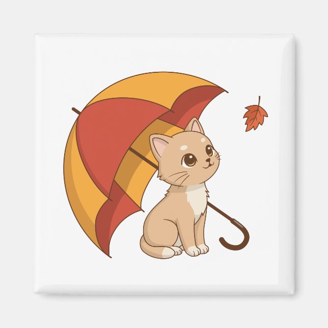 Cute Kitten Cat Red Yellow Umbrella Fall Magnet (Front)