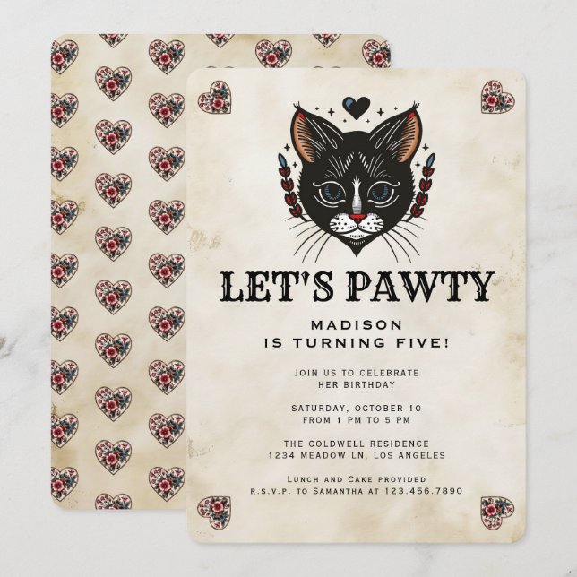 Cute Kitten Cat Rockabilly Kids Birthday Party Invitation (Front/Back)