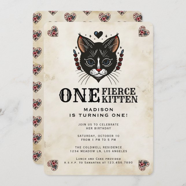 Cute Kitten Cat Rockabilly Tattoo 1st Birthday Invitation (Front/Back)