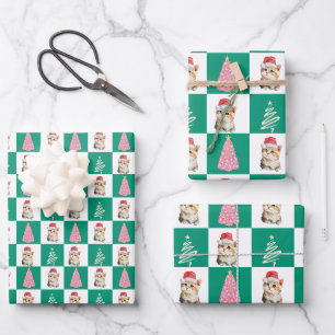 Cute kitten cat Santa Merry Christmas tree party Wrapping Paper Sheet