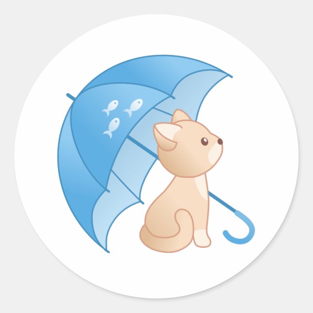 Cute Kitten Cat under Blue Umbrella Classic Round  Classic Round Sticker (Front)