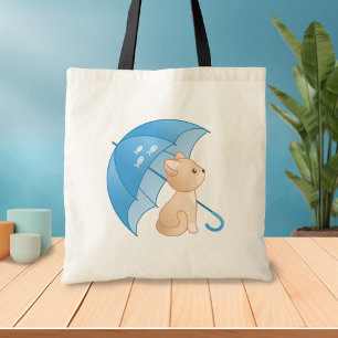 Cute Kitten Cat under Blue Umbrella Tote Bag