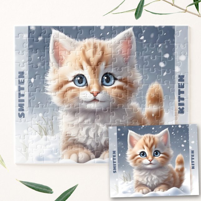 Cute Kitten Cat Winter Snow Custom Name Jigsaw Puzzle (Cute Kitten Cat Winter Snow Custom Name Jigsaw Puzzle)