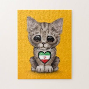 Cute Kitten Cat with Iranian Flag Heart, yellow Jigsaw Puzzle