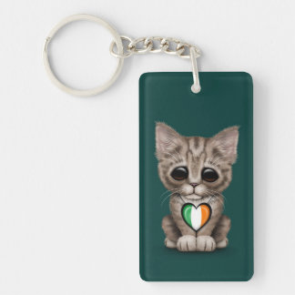 Cute Kitten Cat with Irish Flag Heart, teal Key Ring