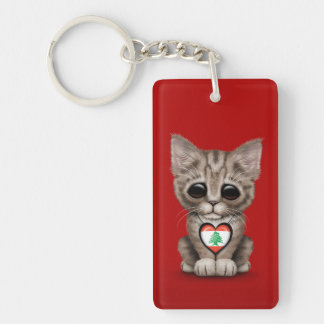 Cute Kitten Cat with Lebanese Flag Heart, red Key Ring