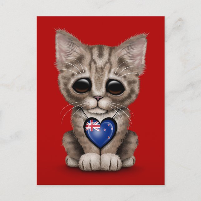 Cute Kitten Cat with New Zealand Flag Heart, red Postcard (Front)