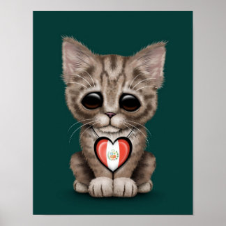 Cute Kitten Cat with Peruvian Flag Heart, teal Poster